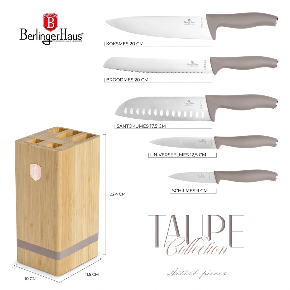 Bloc de couteaux BerlingerHaus Taupe 6 pièces - Couteau de chef, Couteau à pain, Couteau Santoku, Couteau d'office & Éplucheur