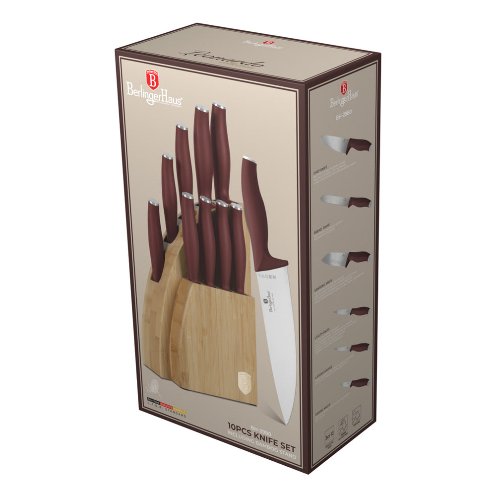 Bloc de couteaux BerlingerHaus Mat Bordeaux 10 pièces - Couteau de chef, Couteau à pain, Couteau Santoku, Couteau d'office, Éplucheur & 4 Couteaux à steak