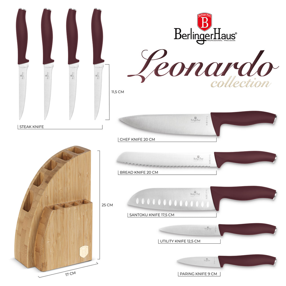 Bloc de couteaux BerlingerHaus Mat Bordeaux 10 pièces - Couteau de chef, Couteau à pain, Couteau Santoku, Couteau d'office, Éplucheur & 4 Couteaux à steak