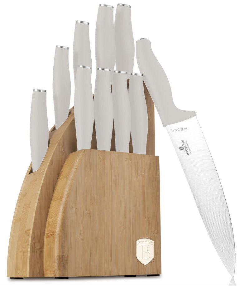 Bloc de couteaux BerlingerHaus Mat Crème 10 pièces - Couteau de chef, Couteau à pain, Couteau Santoku, Couteau d'office, Éplucheur & 4 Couteaux à steak