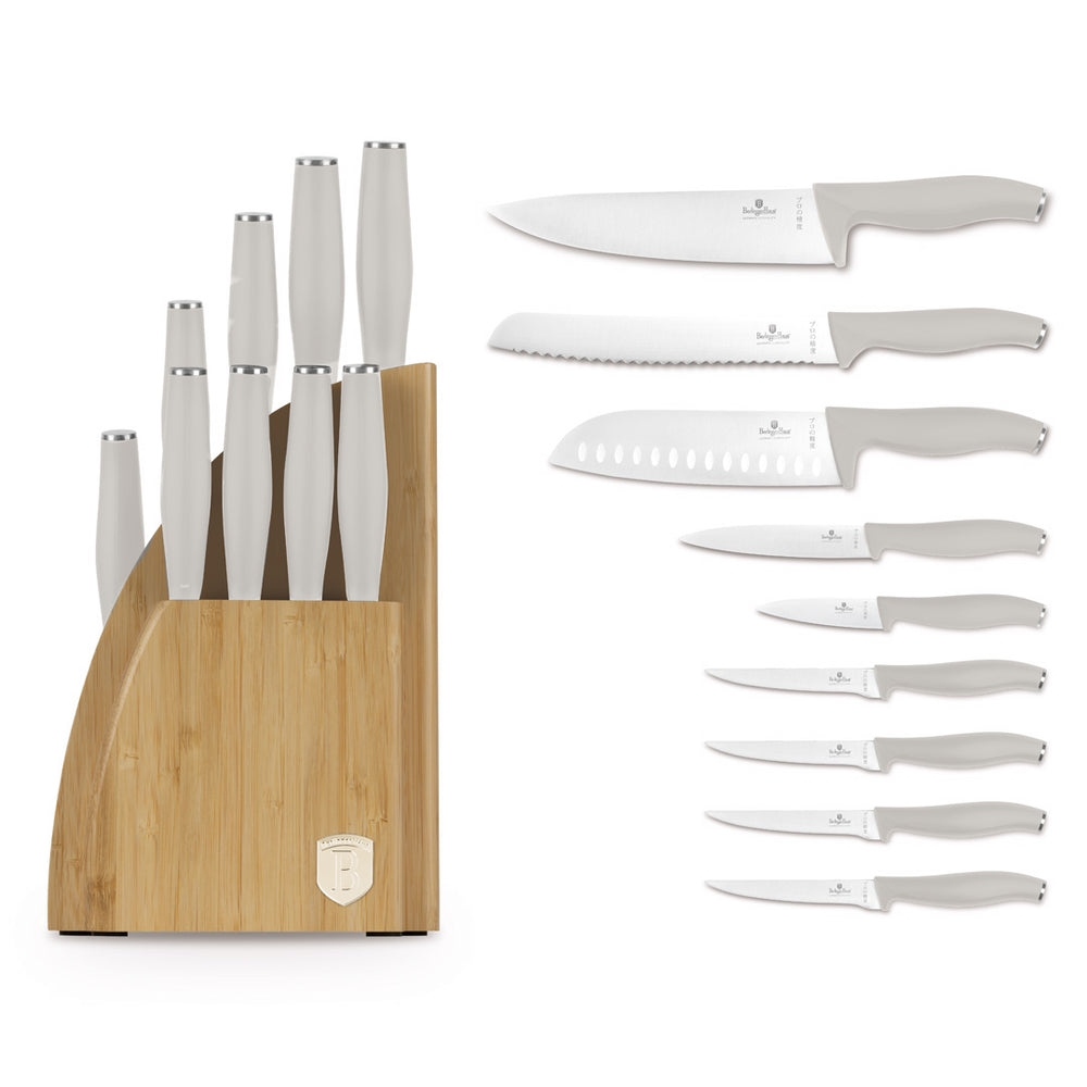 Bloc de couteaux BerlingerHaus Mat Crème 10 pièces - Couteau de chef, Couteau à pain, Couteau Santoku, Couteau d'office, Éplucheur & 4 Couteaux à steak