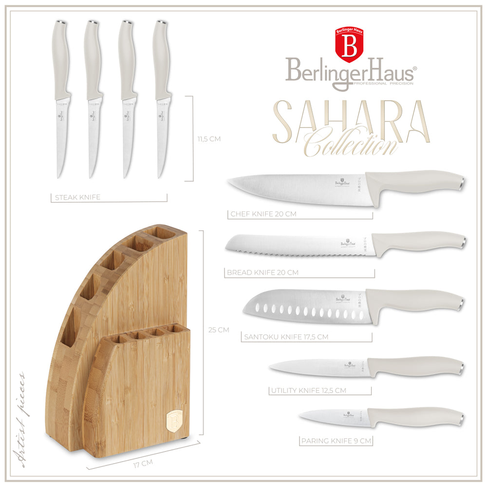 Bloc de couteaux BerlingerHaus Mat Crème 10 pièces - Couteau de chef, Couteau à pain, Couteau Santoku, Couteau d'office, Éplucheur & 4 Couteaux à steak