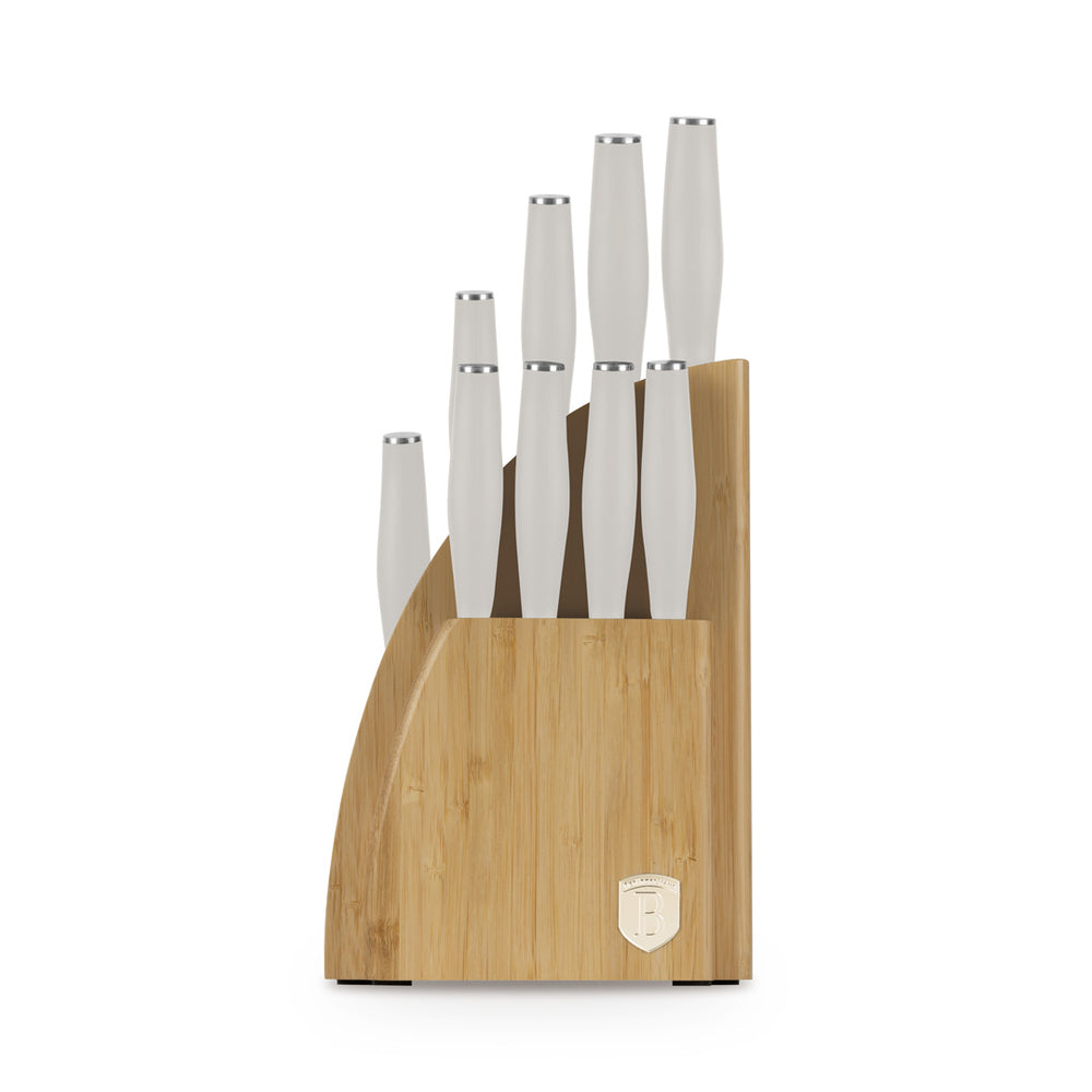 Bloc de couteaux BerlingerHaus Mat Crème 10 pièces - Couteau de chef, Couteau à pain, Couteau Santoku, Couteau d'office, Éplucheur & 4 Couteaux à steak