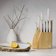 Bloc de couteaux BerlingerHaus Mat Crème 10 pièces - Couteau de chef, Couteau à pain, Couteau Santoku, Couteau d'office, Éplucheur & 4 Couteaux à steak