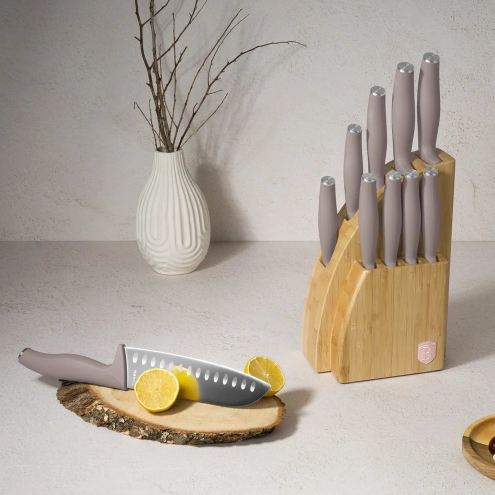 Bloc de couteaux BerlingerHaus Taupe 10 pièces - Couteau de chef, Couteau à pain, Couteau Santoku, Couteau d'office, Couteau éplucheur & 4 Couteaux à steak