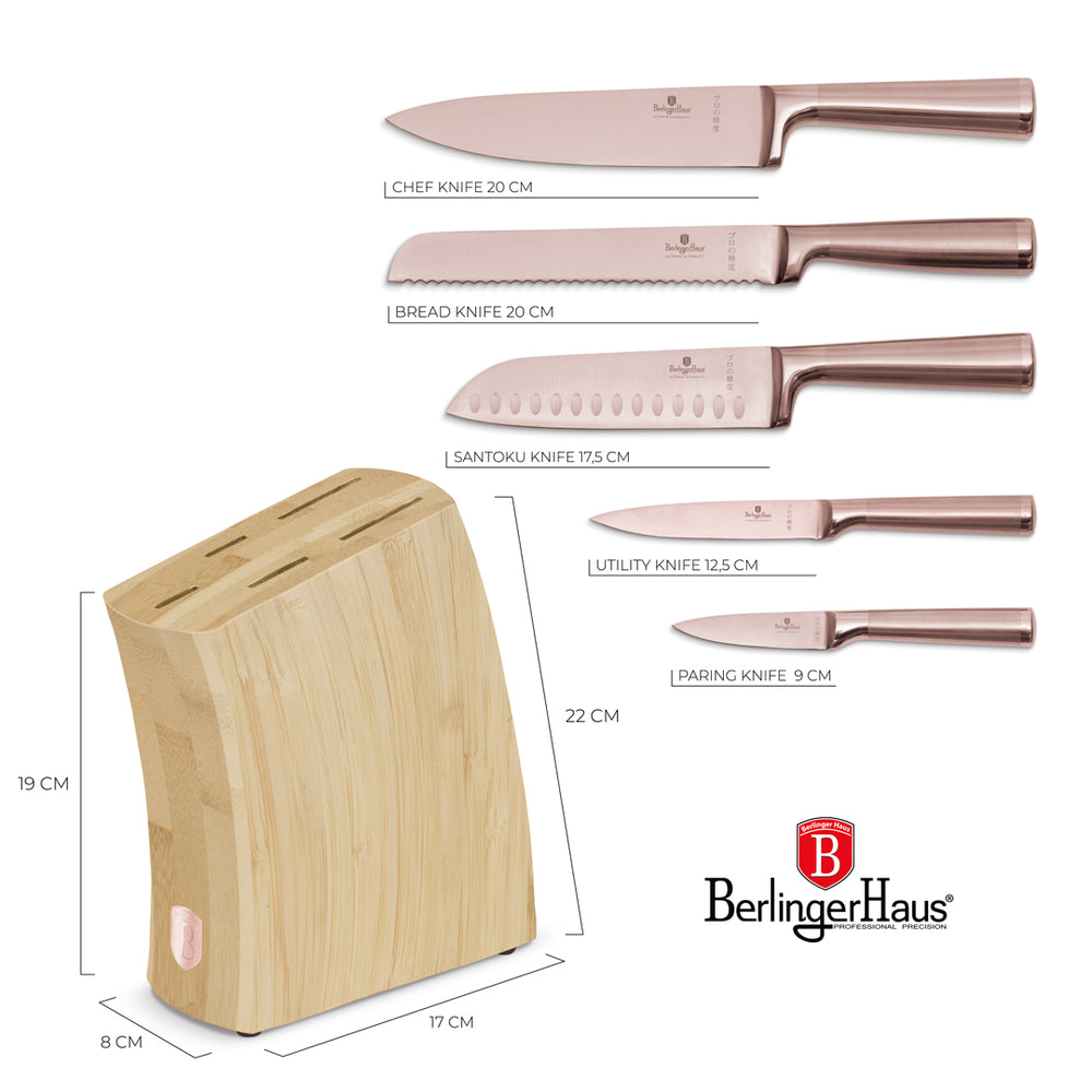 Bloc de couteaux BerlingerHaus Or Rose 6 pièces - Couteau de chef, Couteau à pain, Couteau Santoku, Couteau d'office & Éplucheur
