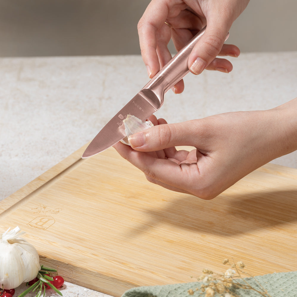 Bloc de couteaux BerlingerHaus Or Rose 6 pièces - Couteau de chef, Couteau à pain, Couteau Santoku, Couteau d'office & Éplucheur
