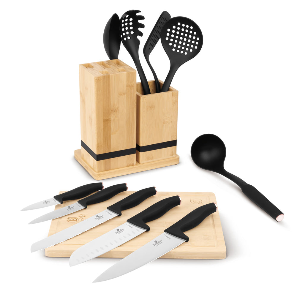 Bloc de Couteaux avec Ensemble d'Ustensiles de Cuisine & Planche à Découper BerlingerHaus Noir Or Rose - 12 pièces