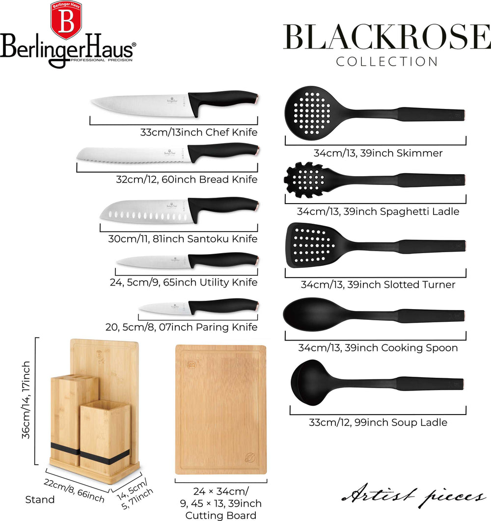 Bloc de Couteaux avec Ensemble d'Ustensiles de Cuisine & Planche à Découper BerlingerHaus Noir Or Rose - 12 pièces