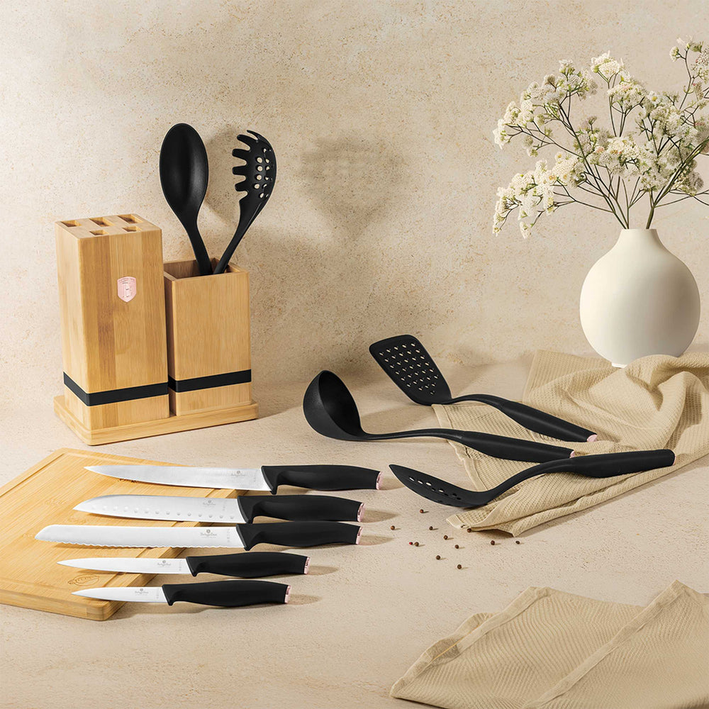 Bloc de Couteaux avec Ensemble d'Ustensiles de Cuisine & Planche à Découper BerlingerHaus Noir Or Rose - 12 pièces