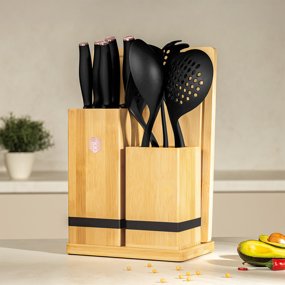 Bloc de Couteaux avec Ensemble d'Ustensiles de Cuisine & Planche à Découper BerlingerHaus Noir Or Rose - 12 pièces