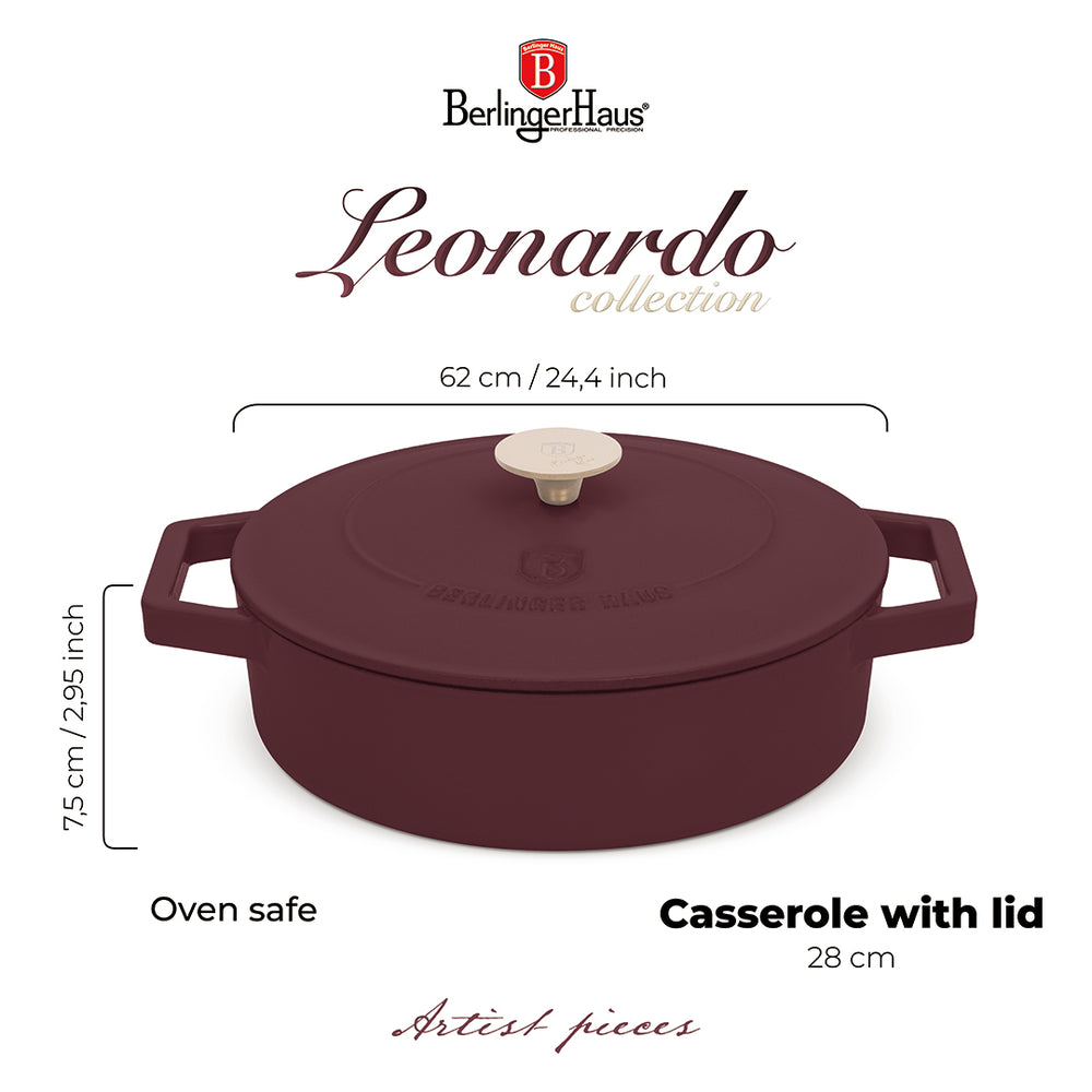 Sauteuse en fonte BerlingerHaus Bordeaux Mat ø 26 cm - adapté à toutes les sources de chaleur - revêtement antiadhésif émaillé