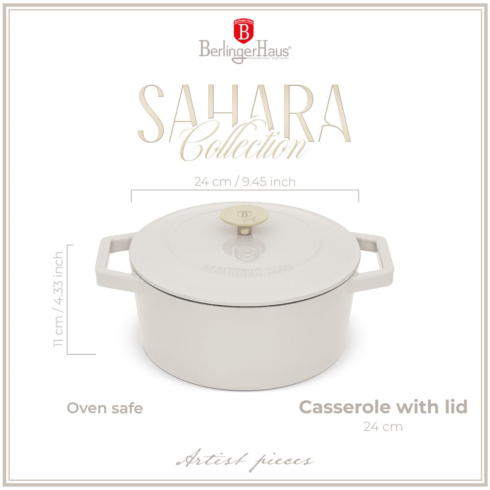 Cocotte BerlingerHaus Mat Crème - Fonte - ø 24 cm - compatible avec toutes les sources de chaleur - revêtement antiadhésif émaillé
