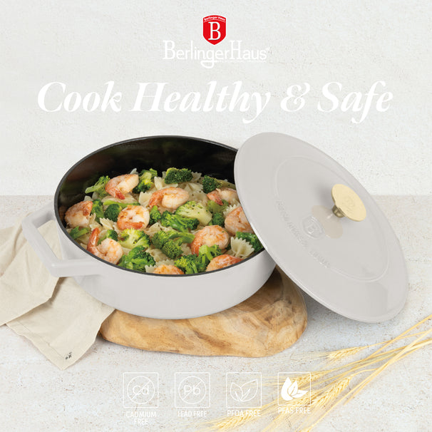 Sauteuse en fonte BerlingerHaus mat crème ø 26 cm - adapté à toutes les sources de chaleur - revêtement antiadhésif émaillé
