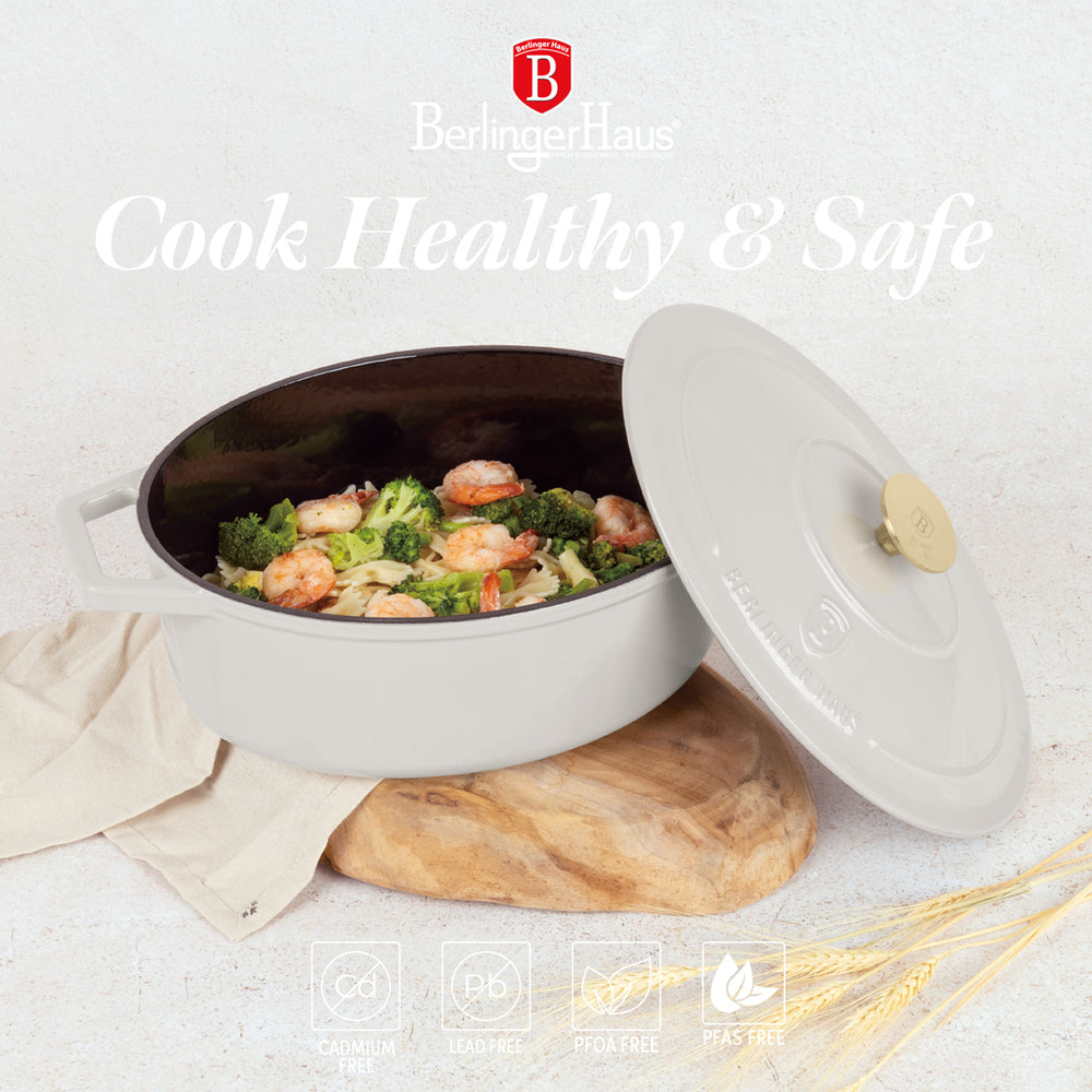 Cocotte en fonte BerlingerHaus Mat Crème Ovale 30 x 22 cm - adapté à toutes les sources de chaleur - revêtement émaillé antiadhésif