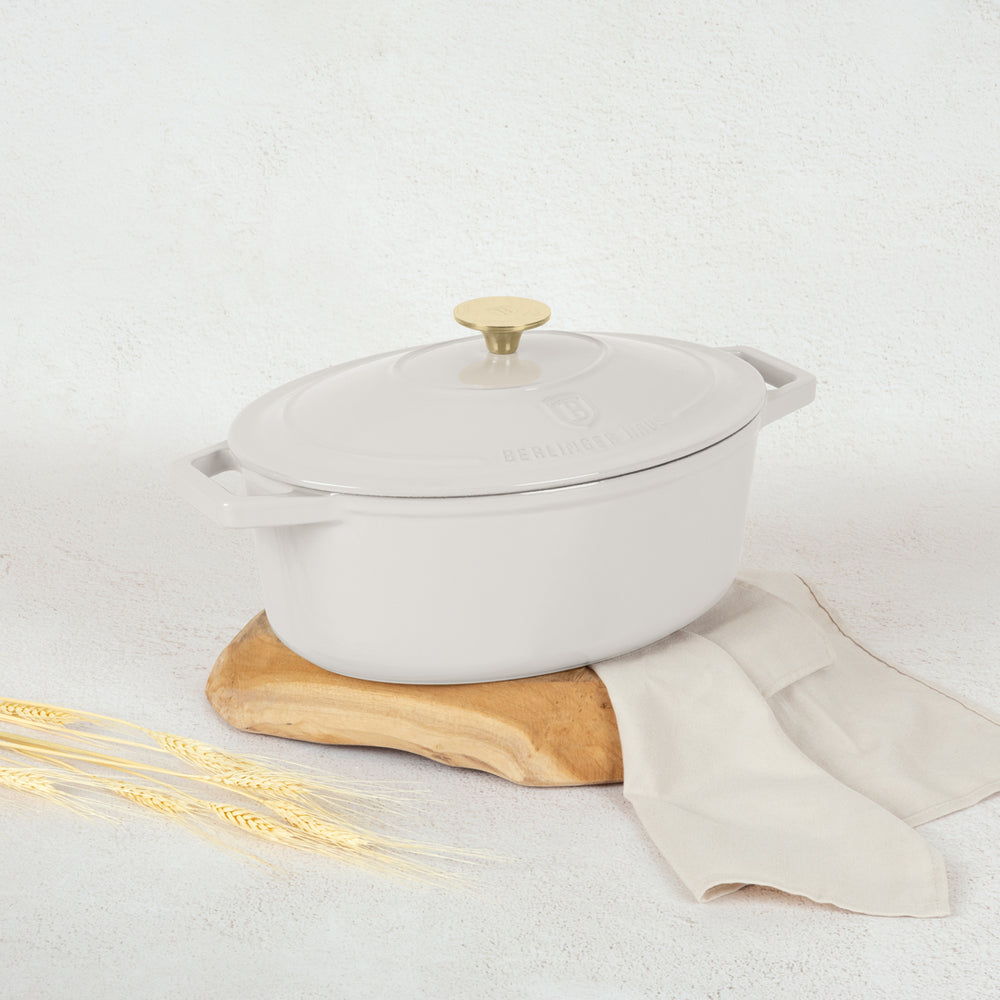 Cocotte en fonte BerlingerHaus Mat Crème Ovale 30 x 22 cm - adapté à toutes les sources de chaleur - revêtement émaillé antiadhésif