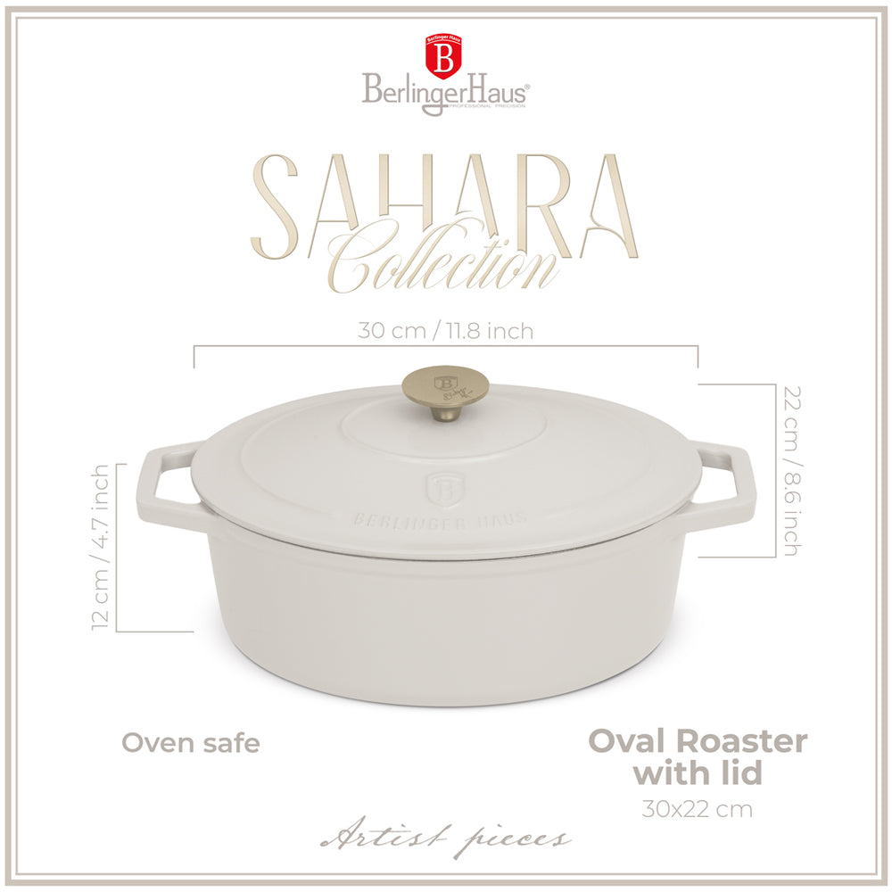 Cocotte en fonte BerlingerHaus Mat Crème Ovale 30 x 22 cm - adapté à toutes les sources de chaleur - revêtement émaillé antiadhésif