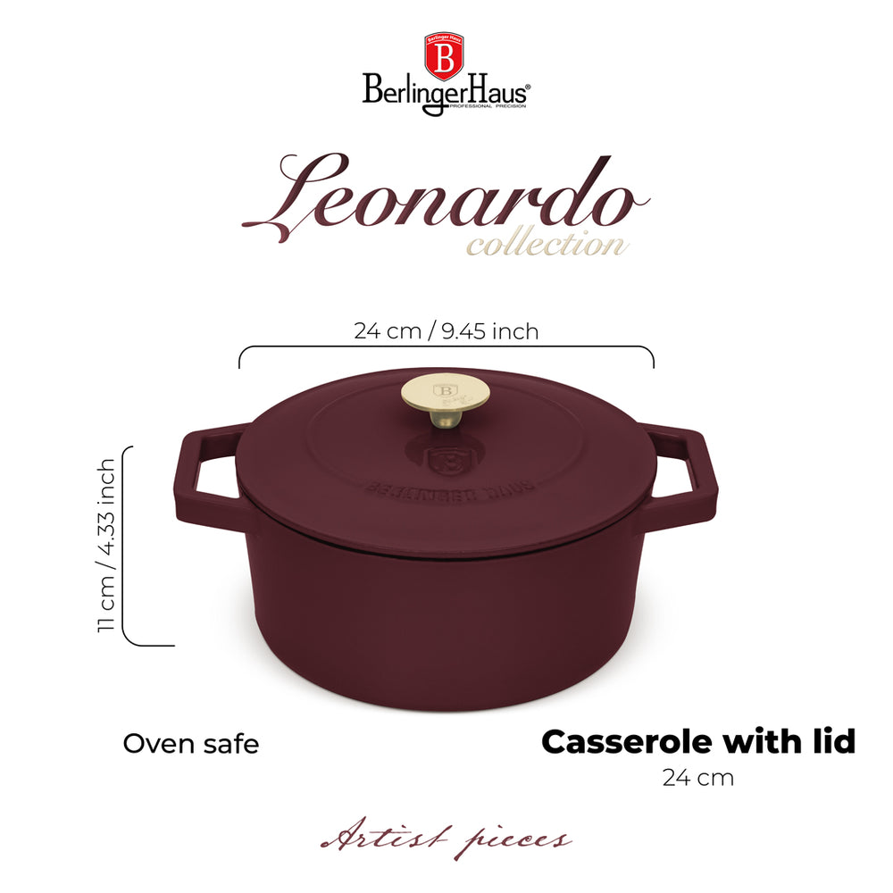 Cocotte en Fonte BerlingerHaus Mat Bordeaux ø 24 cm - compatible avec toutes les sources de chaleur - revêtement émaillé antiadhésif