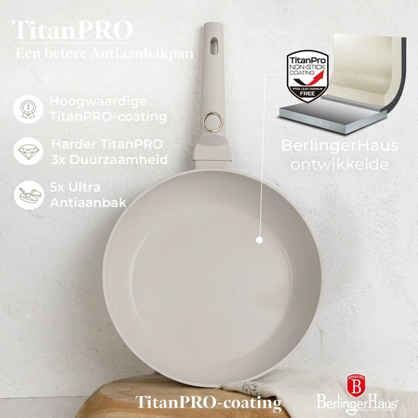 Ensemble de poêles BerlingerHaus Mat Crème 3 pièces - ø 20, 24 & 28 cm - compatible avec toutes les sources de chaleur - revêtement antiadhésif standard
