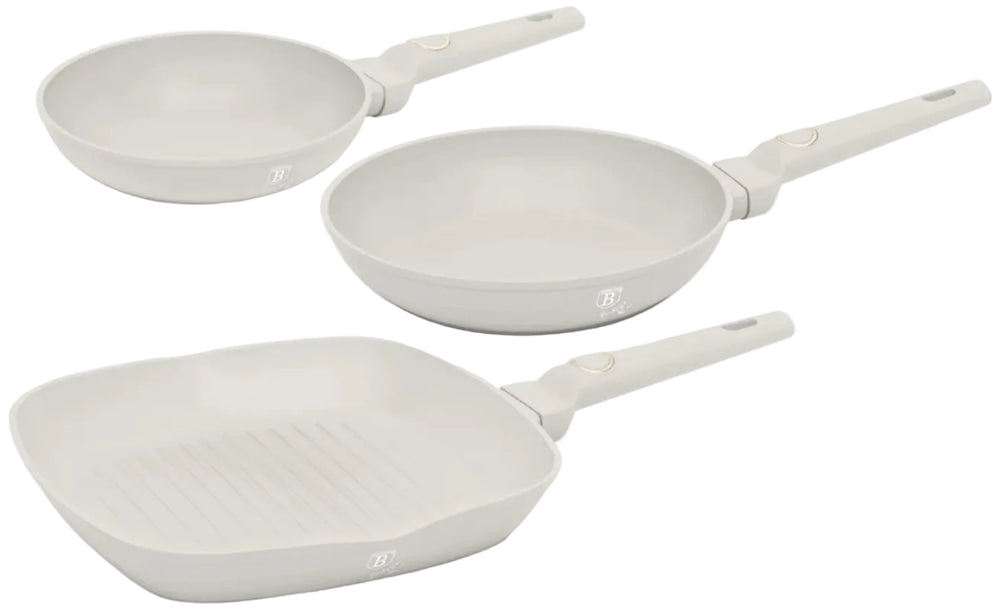 Ensemble de poêles BerlingerHaus Mat Crème 3-Pièces - Poêle ø 20 & 24 cm, Poêle-gril 28 cm - Compatible avec toutes les sources de chaleur