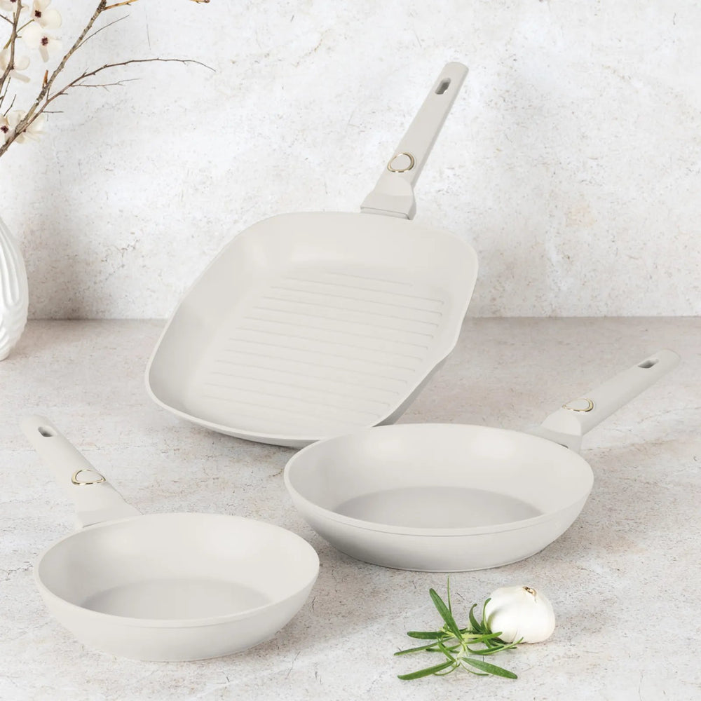 Ensemble de poêles BerlingerHaus Mat Crème 3-Pièces - Poêle ø 20 & 24 cm, Poêle-gril 28 cm - Compatible avec toutes les sources de chaleur