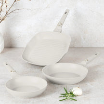 Ensemble de poêles BerlingerHaus Mat Crème 3-Pièces - Poêle ø 20 & 24 cm, Poêle-gril 28 cm - Compatible avec toutes les sources de chaleur