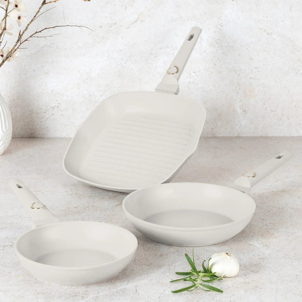 Ensemble de poêles BerlingerHaus Mat Crème 3-Pièces - Poêle ø 20 & 24 cm, Poêle-gril 28 cm - Compatible avec toutes les sources de chaleur