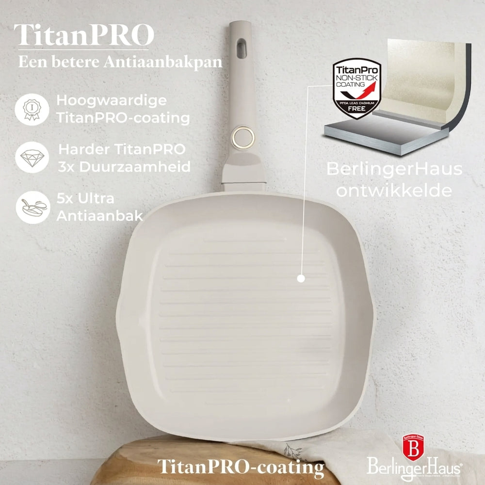 Ensemble de poêles BerlingerHaus Mat Crème 3-Pièces - Poêle ø 20 & 24 cm, Poêle-gril 28 cm - Compatible avec toutes les sources de chaleur