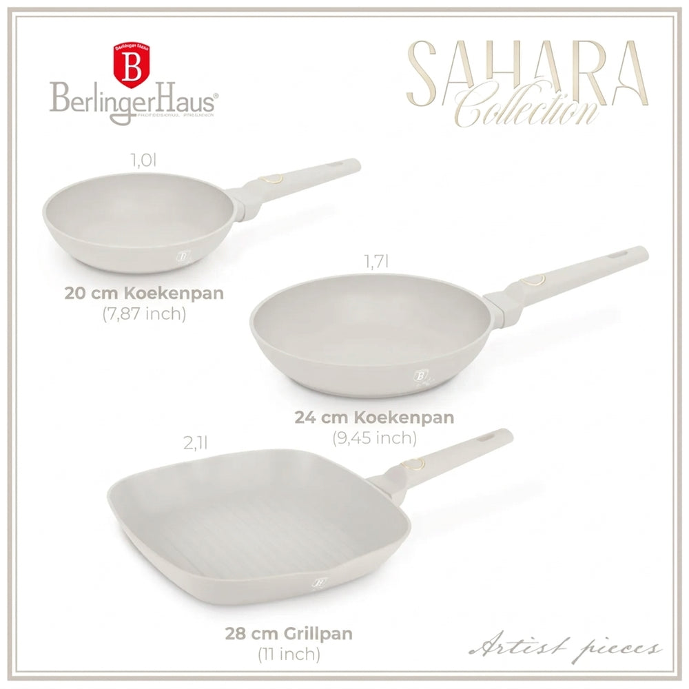Ensemble de poêles BerlingerHaus Mat Crème 3-Pièces - Poêle ø 20 & 24 cm, Poêle-gril 28 cm - Compatible avec toutes les sources de chaleur