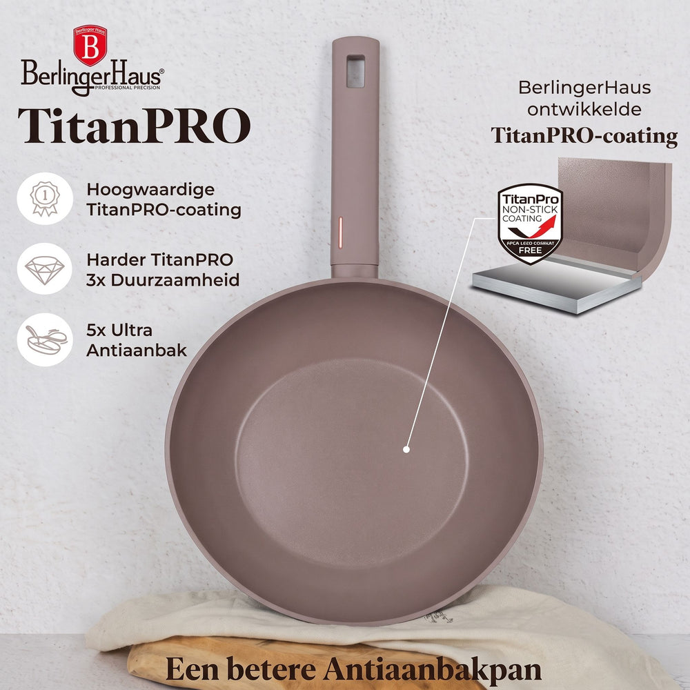 Wok BerlingerHaus Taupe ø 28 cm - compatible avec toutes les sources de chaleur - revêtement antiadhésif standard