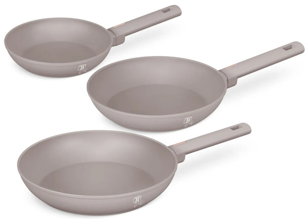 Ensemble de poêles BerlingerHaus Taupe 3 pièces - ø 20, 24 & 28 cm - compatible avec toutes les sources de chaleur - revêtement antiadhésif standard