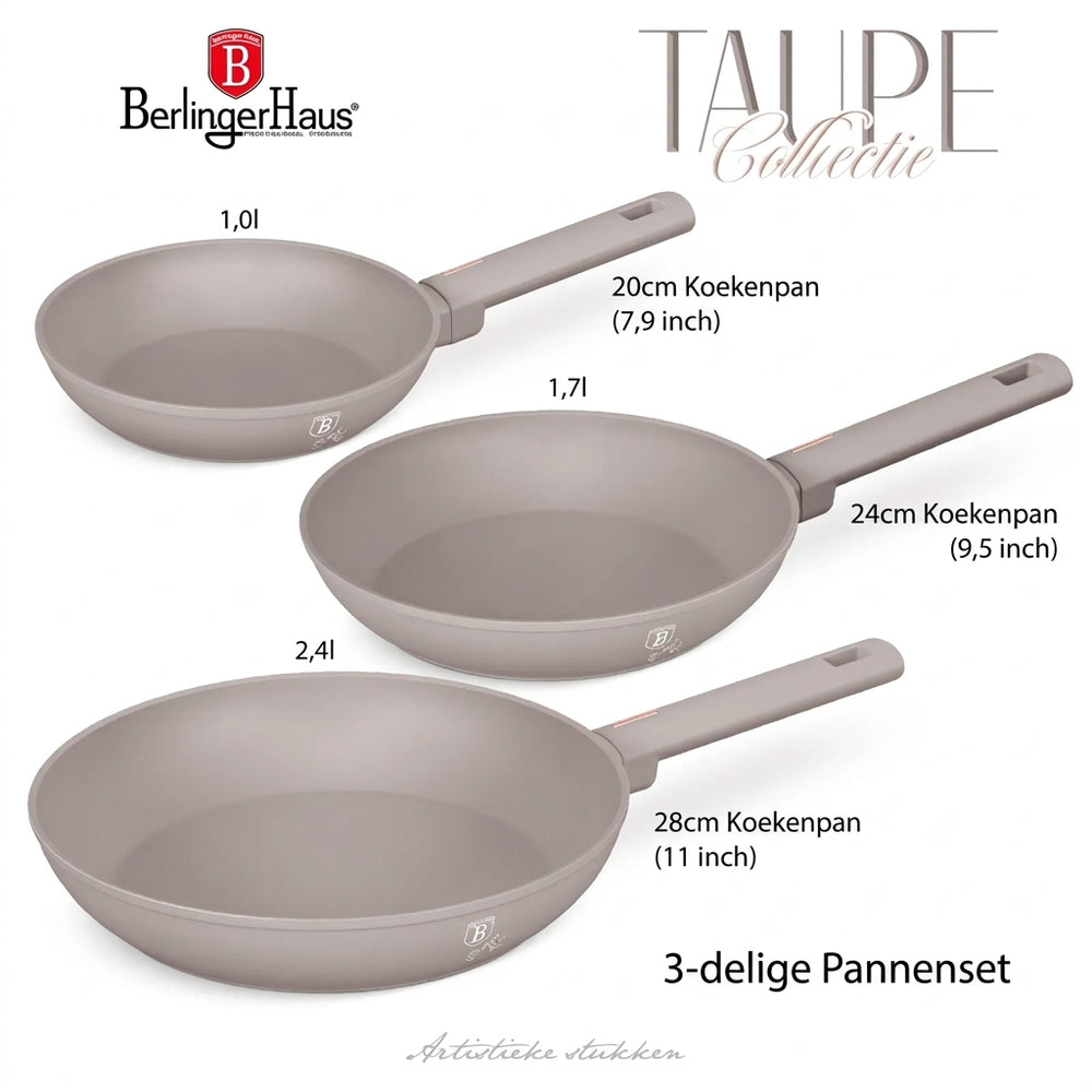 Ensemble de poêles BerlingerHaus Taupe 3 pièces - ø 20, 24 & 28 cm - compatible avec toutes les sources de chaleur - revêtement antiadhésif standard