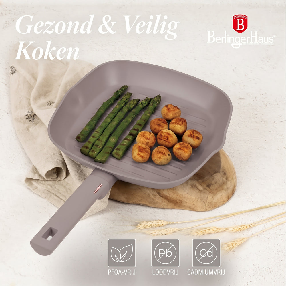 poêle grill BerlingerHaus taupe 28 x 28 cm - adaptée à toutes les sources de chaleur - revêtement antiadhésif standard
