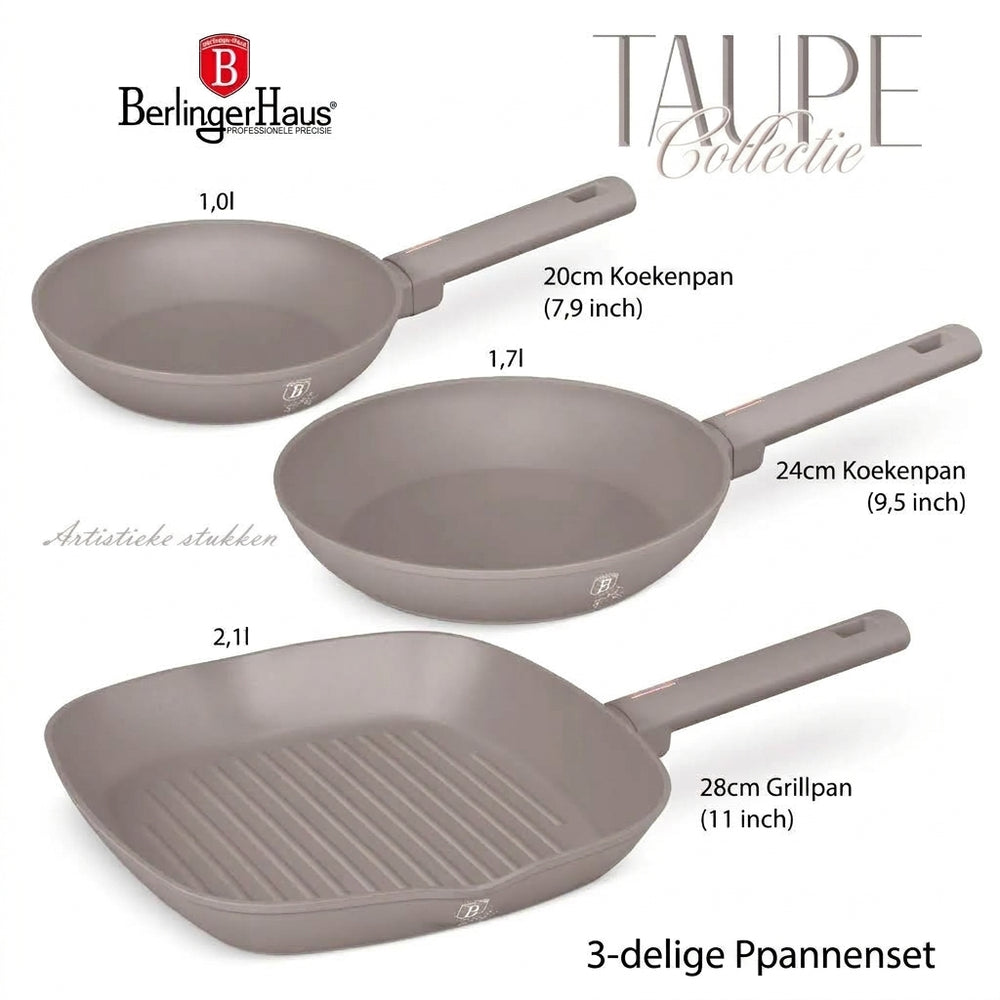 Ensemble de poêles BerlingerHaus Taupe 3 pièces - Poêle ø 20 & 24 cm, poêle-gril 28 cm - Compatible avec toutes les sources de chaleur