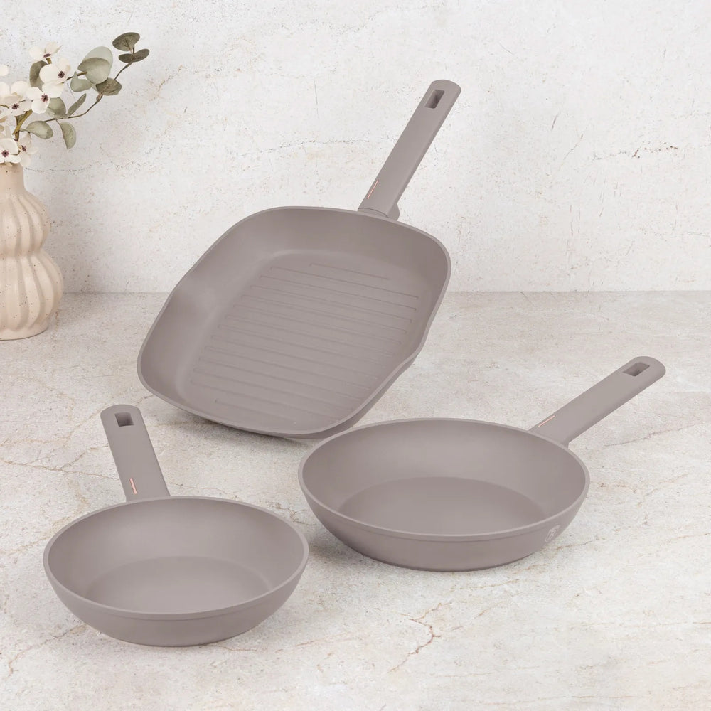 Ensemble de poêles BerlingerHaus Taupe 3 pièces - Poêle ø 20 & 24 cm, poêle-gril 28 cm - Compatible avec toutes les sources de chaleur