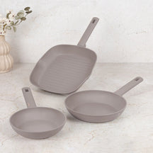 Ensemble de poêles BerlingerHaus Taupe 3 pièces - Poêle ø 20 & 24 cm, poêle-gril 28 cm - Compatible avec toutes les sources de chaleur