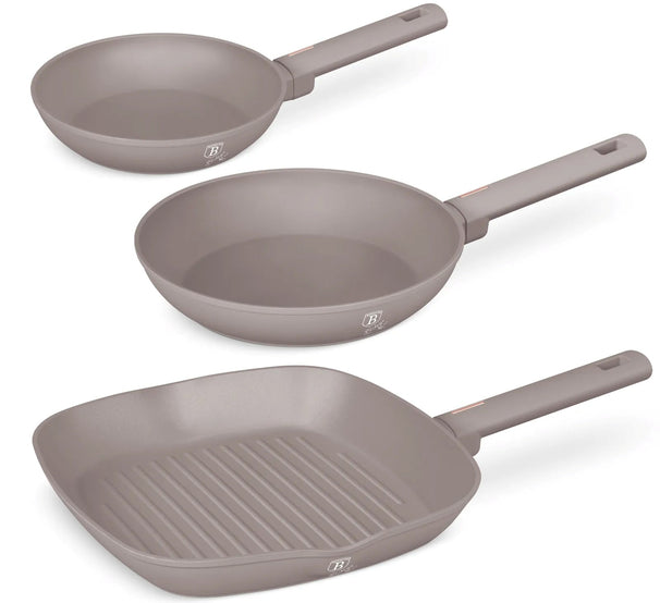 Ensemble de poêles BerlingerHaus Taupe 3 pièces - Poêle ø 20 & 24 cm, poêle-gril 28 cm - Compatible avec toutes les sources de chaleur