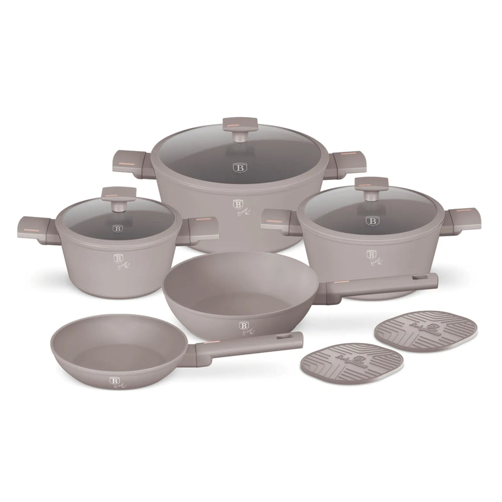 Batterie de cuisine BerlingerHaus Taupe 7 pièces - Casserole ø 20, 24, 28 cm & Poêle ø 20, 24 cm - compatible avec toutes les sources de chaleur