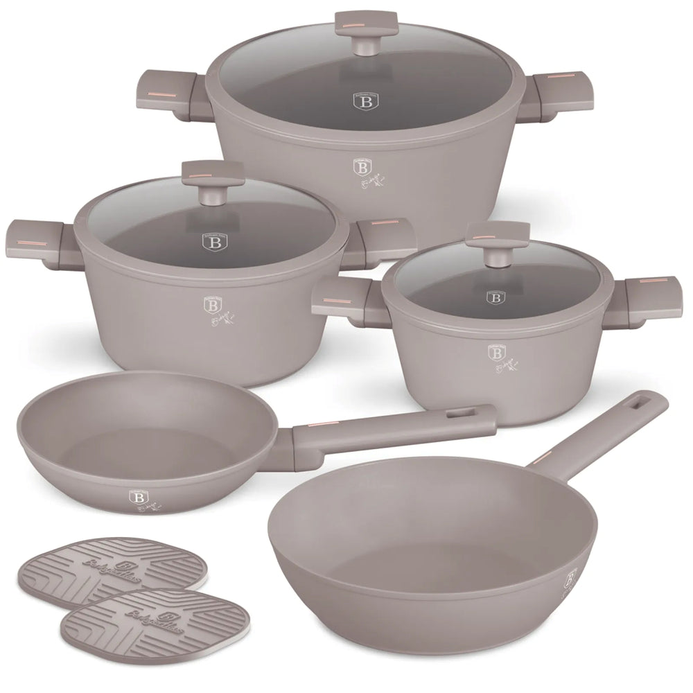 Batterie de cuisine BerlingerHaus Taupe 7 pièces - Casserole ø 20, 24, 28 cm & Poêle ø 20, 24 cm - compatible avec toutes les sources de chaleur