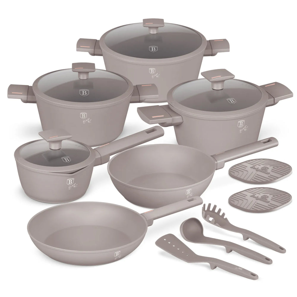 Batterie de cuisine BerlingerHaus taupe 11 pièces - Casserole ø 20, 24, 28 cm, Poêle ø 24, 28 cm & Casserole ø 16 cm - compatible avec toutes les sources de chaleur