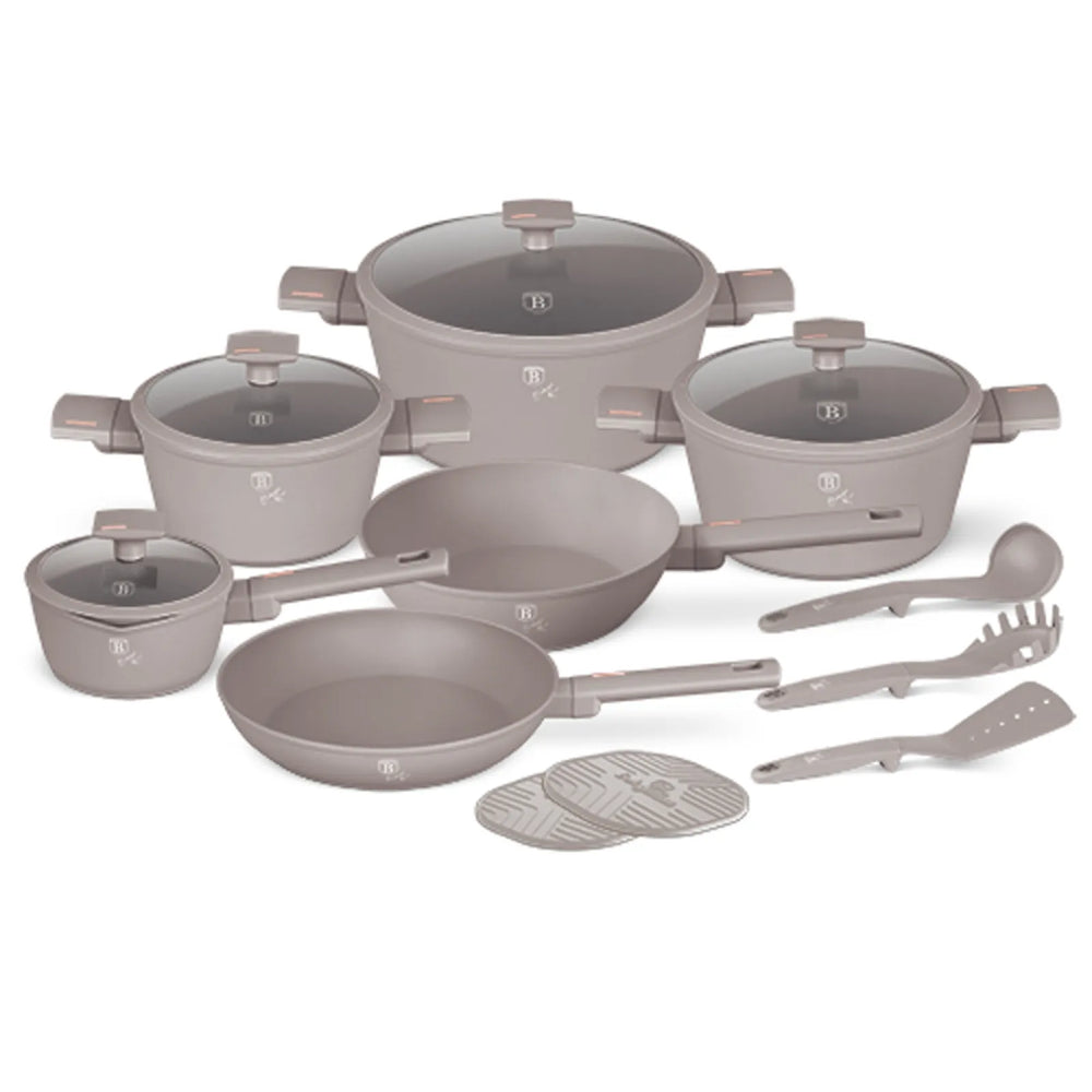 Batterie de cuisine BerlingerHaus taupe 11 pièces - Casserole ø 20, 24, 28 cm, Poêle ø 24, 28 cm & Casserole ø 16 cm - compatible avec toutes les sources de chaleur