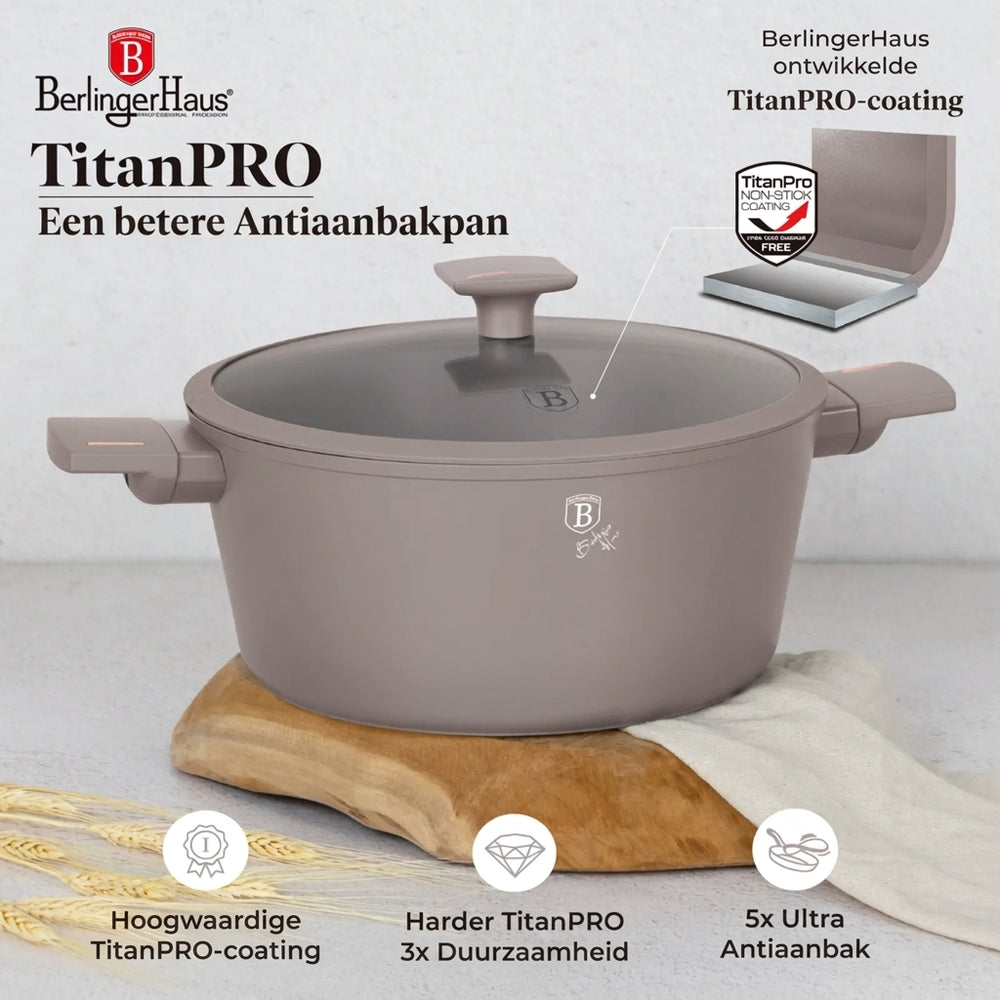 Batterie de cuisine BerlingerHaus taupe 11 pièces - Casserole ø 20, 24, 28 cm, Poêle ø 24, 28 cm & Casserole ø 16 cm - compatible avec toutes les sources de chaleur