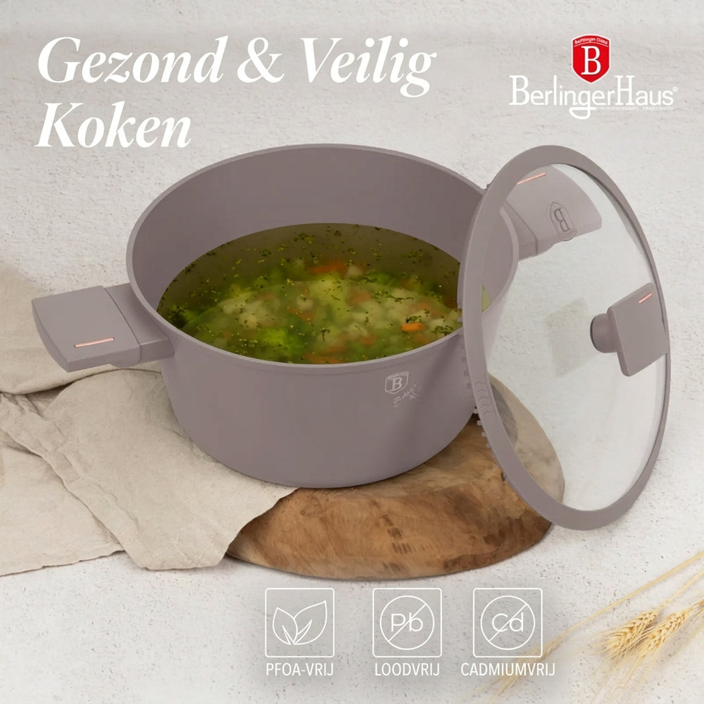 Batterie de cuisine BerlingerHaus taupe 11 pièces - Casserole ø 20, 24, 28 cm, Poêle ø 24, 28 cm & Casserole ø 16 cm - compatible avec toutes les sources de chaleur