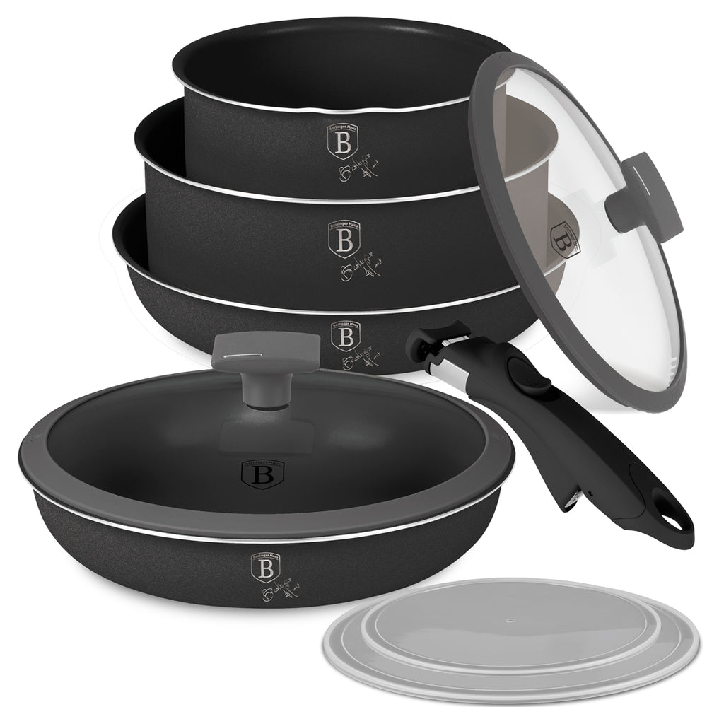 Batterie de cuisine BerlingerHaus Click-it mat anthracite 6 pièces - Casserole ø 16 & 20 cm, Poêle ø 20 & 24 cm - compatible avec toutes les sources de chaleur