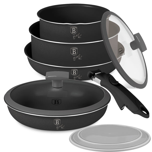 Batterie de cuisine BerlingerHaus Click-it mat anthracite 6 pièces - Casserole ø 16 & 20 cm, Poêle ø 20 & 24 cm - compatible avec toutes les sources de chaleur