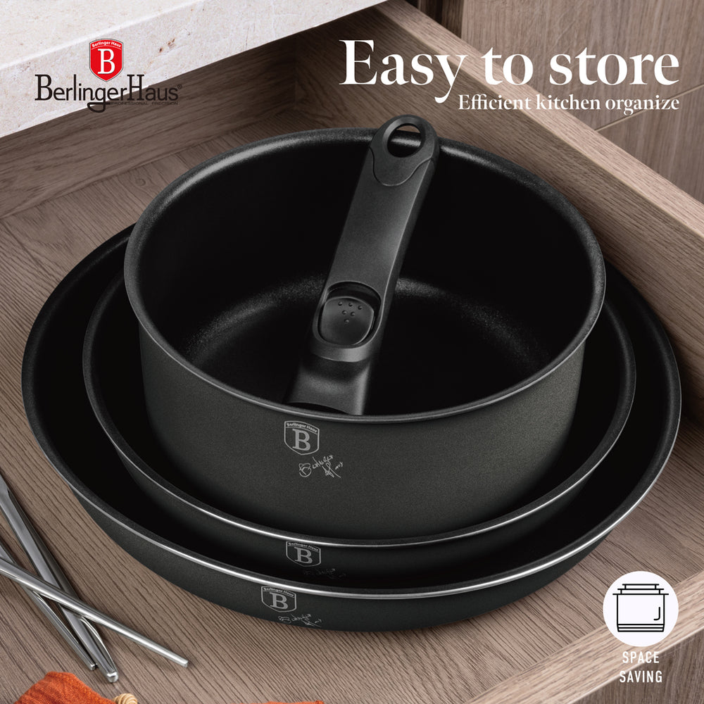 Batterie de cuisine BerlingerHaus Click-it mat anthracite 6 pièces - Casserole ø 16 & 20 cm, Poêle ø 20 & 24 cm - compatible avec toutes les sources de chaleur