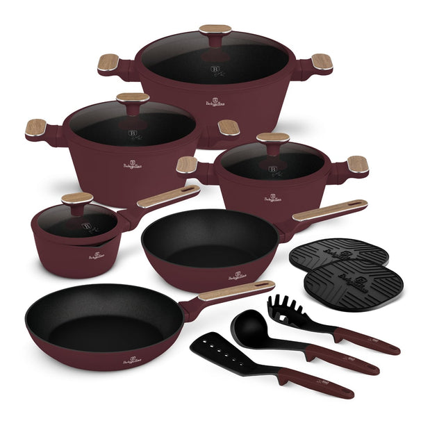 Ensemble de Casseroles BerlingerHaus Nordic 11 Pièces Bordeaux Mat - Casseroles ø 16, 20, 24, 28 cm & Poêles ø 24, 28 cm - Tous Feux Dont Induction