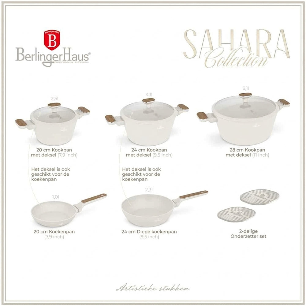 Batterie de cuisine BerlingerHaus Nordic Mat Crème 7 pièces - Casserole ø 20, 24, 28 cm & Poêle ø 20, 24 cm - compatible avec toutes les sources de chaleur