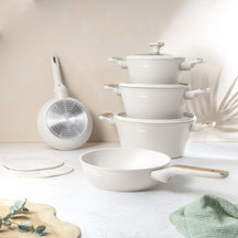 Batterie de cuisine BerlingerHaus Nordic Mat Crème 7 pièces - Casserole ø 20, 24, 28 cm & Poêle ø 20, 24 cm - compatible avec toutes les sources de chaleur