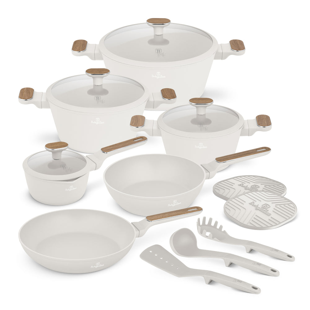 Batterie de cuisine BerlingerHaus Nordic Mat Crème 11 pièces - Casserole ø 20, 24, 28 cm, Poêle ø 24, 28 cm & Casserole ø 16 cm - compatible avec toutes les plaques de cuisson
